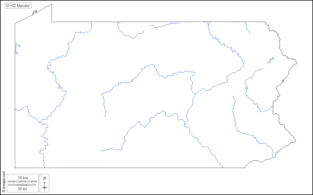 Pennsylvania : d-maps.com: mappa gratuita, mappa muta gratuita, cartina muta gratuita : contorni, idrografia, bianco