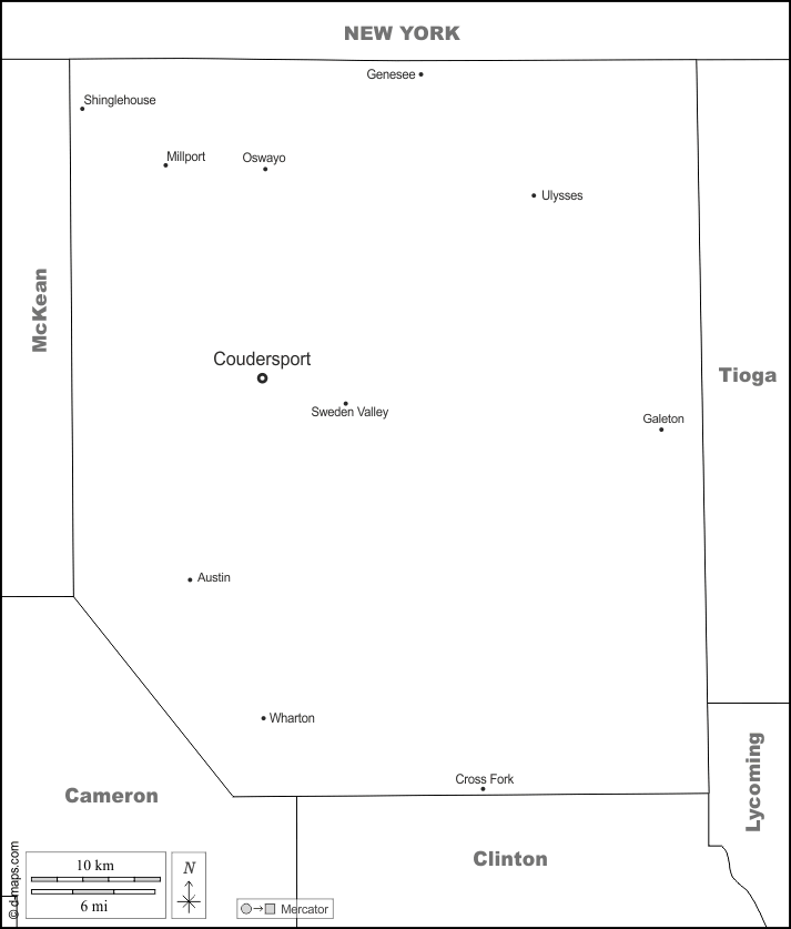 Contea di Potter : d-maps.com: mappa gratuita, mappa muta gratuita, cartina muta gratuita : frontiere, principali città, nomi, bianco