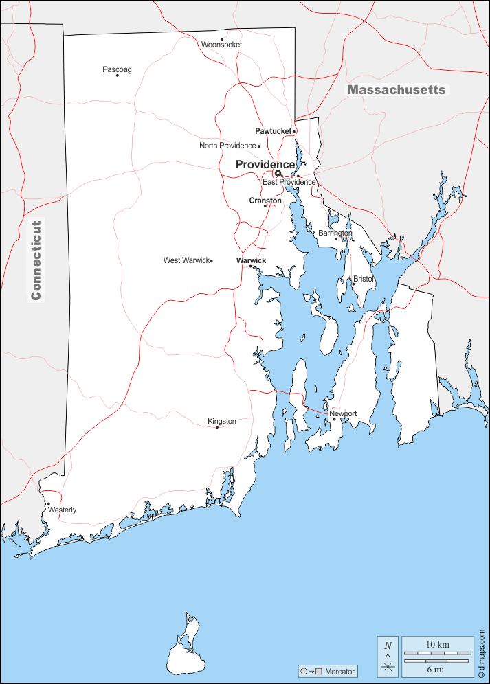 Rhode Island : d-maps.com: Kostenlose Karten, kostenlose stumme Karte, kostenlose unausgefüllt Landkarte, kostenlose hochauflösende Umrisskarte : Grenzen, Wichtige Städte, Straßen, Namen