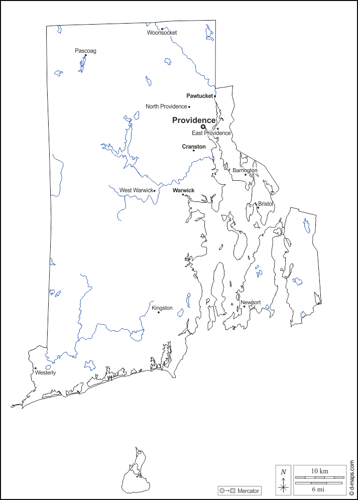 Род-Айленд : d-maps.com: Бесплатная карта, бесплатная карта, свободная карта, Бесплатная базовая карта
 : контур, гидрографии, Главные города, имена, Белый