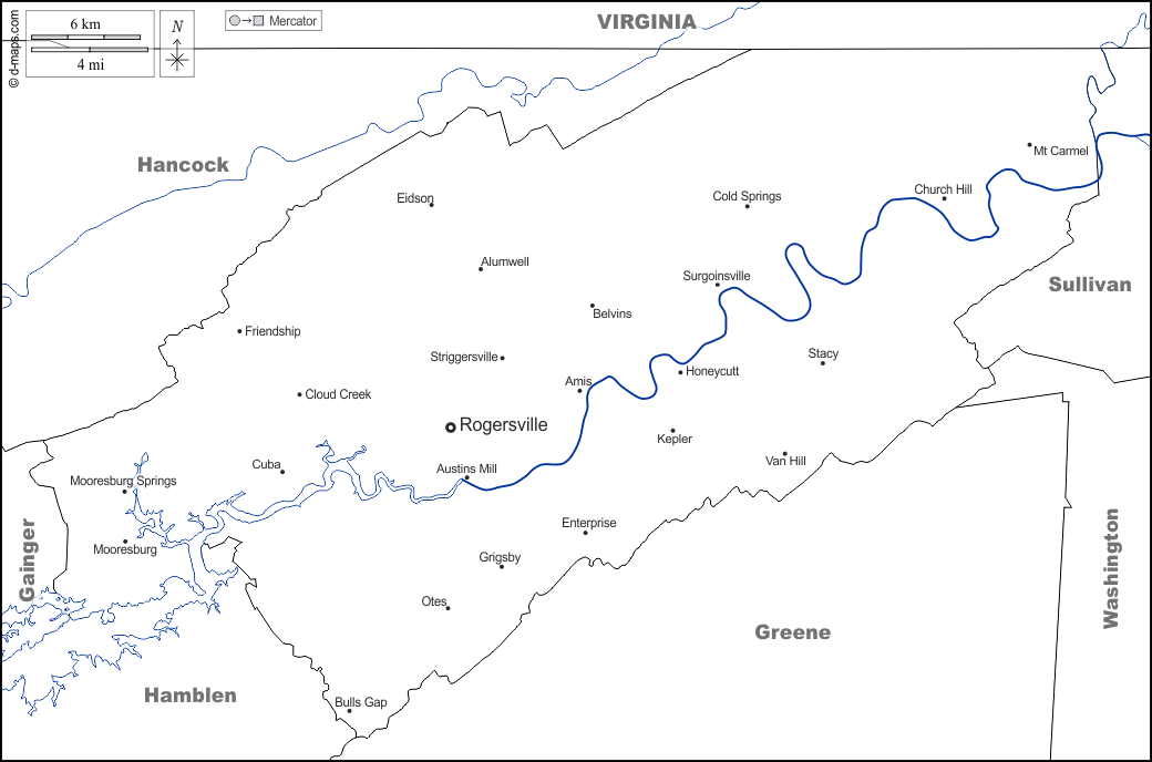 Contea di Hawkins : d-maps.com: mappa gratuita, mappa muta gratuita, cartina muta gratuita : frontiere, idrografia, principali città, nomi, bianco