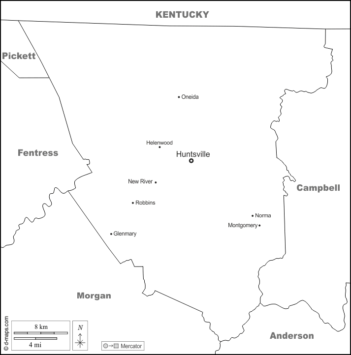 Contea di Scott : d-maps.com: mappa gratuita, mappa muta gratuita, cartina muta gratuita : frontiere, principali città, nomi, bianco