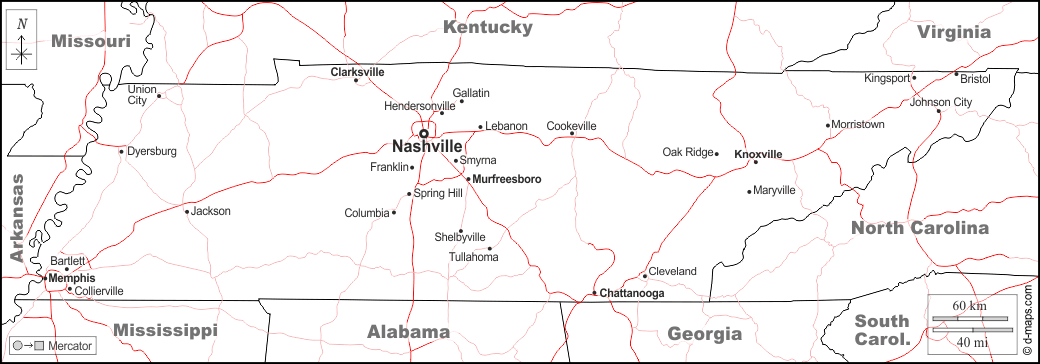 Tennessee : d-maps.com: mapa gratuito, mapa mudo gratuito, mapa en blanco gratuito, plantilla de mapa : fronteras, principales ciudades, carreteras, nombres, blanco