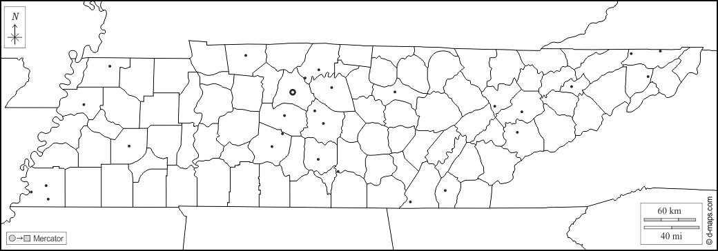 Tennessee : d-maps.com: carte géographique gratuite, carte géographique muette gratuite, carte vierge gratuite, fond de carte gratuit, formats graphiques courants : frontières, principales villes, blanc