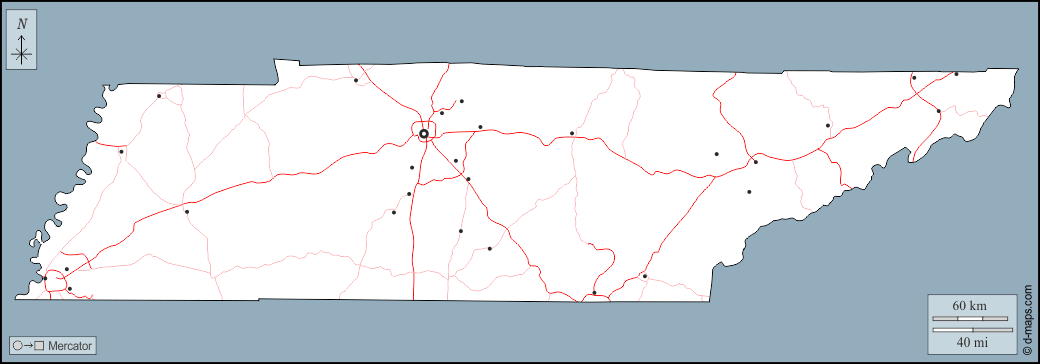 Теннесси : d-maps.com: Бесплатная карта, бесплатная карта, свободная карта, Бесплатная базовая карта
 : контур, Главные города, дорог