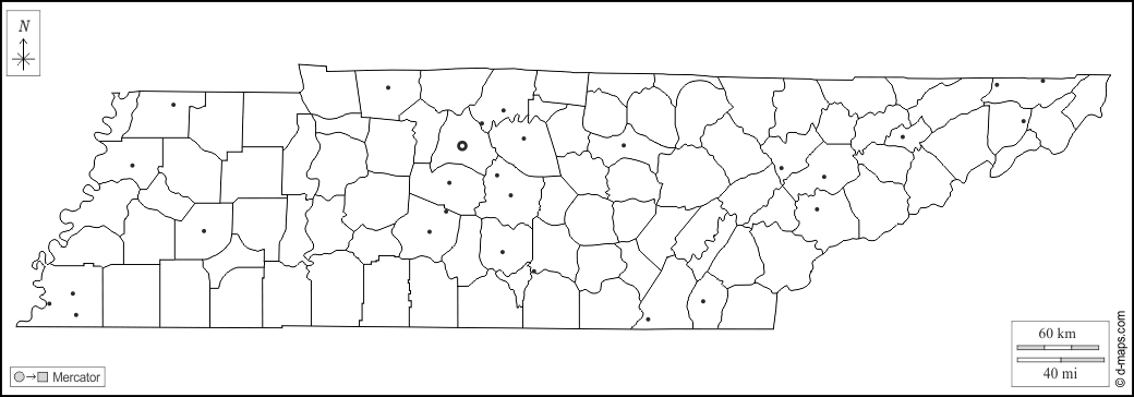 テネシー : d-maps.com: 無料地図, 無料の空の地図, 無料のアウトラインマップ, 無料のベースマップ
 : 輪郭, 主要都市, 白い