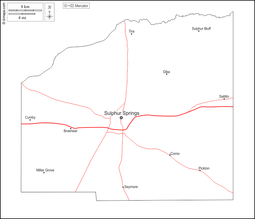 Contea di Hopkins : d-maps.com: mappa gratuita, mappa muta gratuita, cartina muta gratuita : contorni, principali città, strade, nomi, bianco