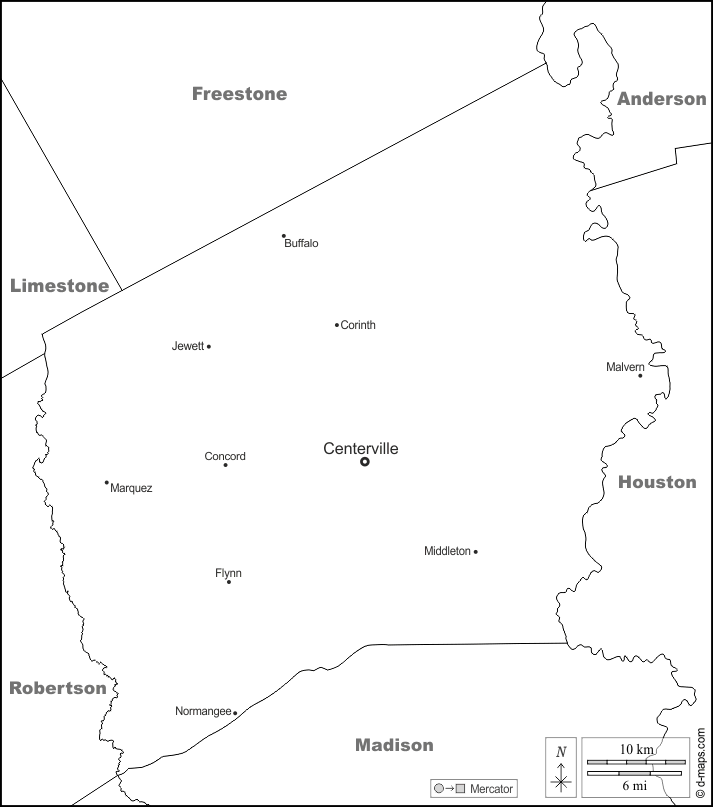 Contea di Leon : d-maps.com: mappa gratuita, mappa muta gratuita, cartina muta gratuita : frontiere, principali città, nomi, bianco
