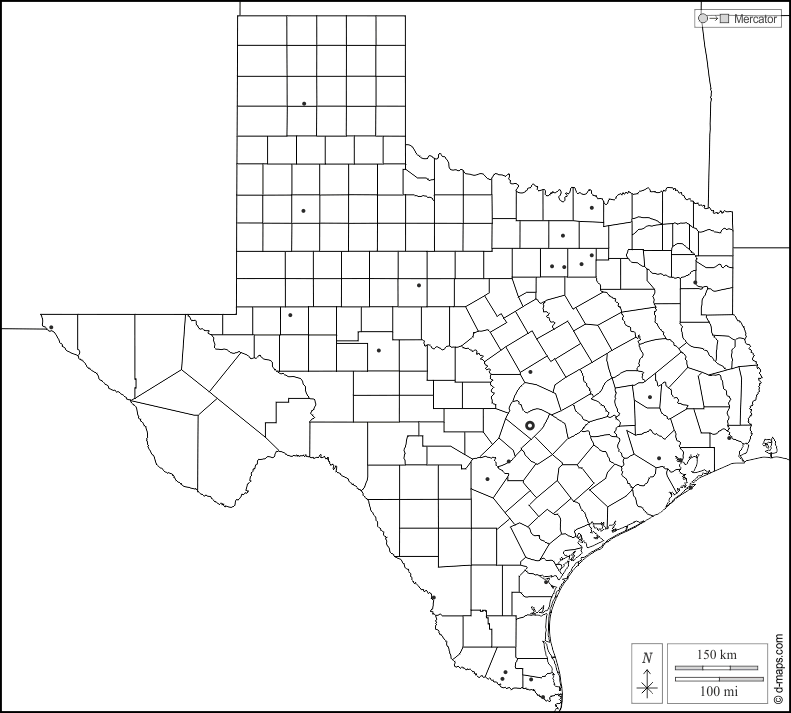 تكساس : خريطة مجانية, خريطة خاليه من الفراغ, خريطة الخطوط العريضة, خريطة القاعدة الحرة
 : حدود, المقاطعات, المدن الرئيسية, أبيض