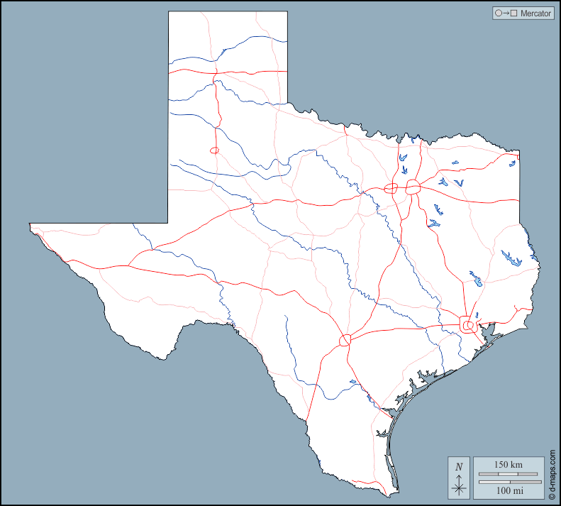 Texas : d-maps.com: mappa gratuita, mappa muta gratuita, cartina muta gratuita : contorni, idrografia, strade