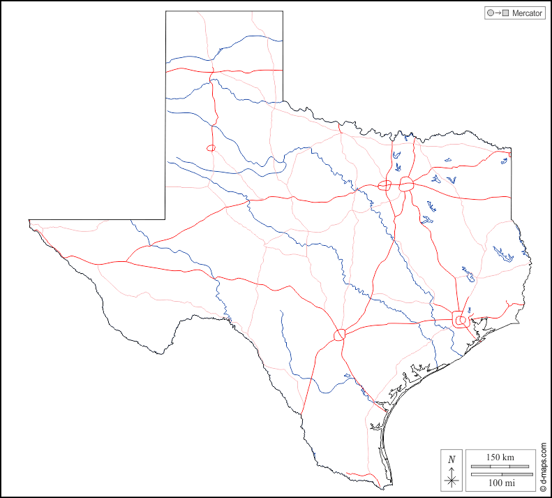 Texas : d-maps.com: Kostenlose Karten, kostenlose stumme Karte, kostenlose unausgefüllt Landkarte, kostenlose hochauflösende Umrisskarte : Umrisse, Hydrografie, Straßen, weiß