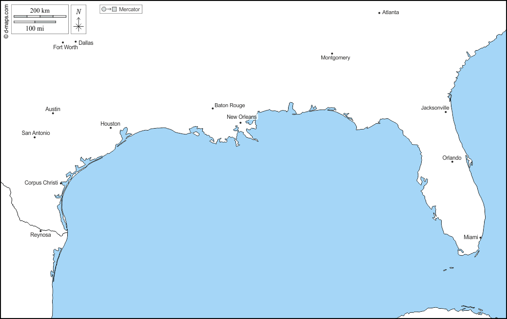 Golf von Mexiko : d-maps.com: Kostenlose Karten, kostenlose stumme Karte, kostenlose unausgefüllt Landkarte, kostenlose hochauflösende Umrisskarte : Länder, Wichtige Städte, Namen