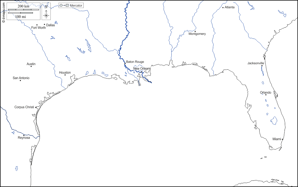 Golf von Mexiko : d-maps.com: Kostenlose Karten, kostenlose stumme Karte, kostenlose unausgefüllt Landkarte, kostenlose hochauflösende Umrisskarte : Hydrografie, Länder, Wichtige Städte, Namen, weiß