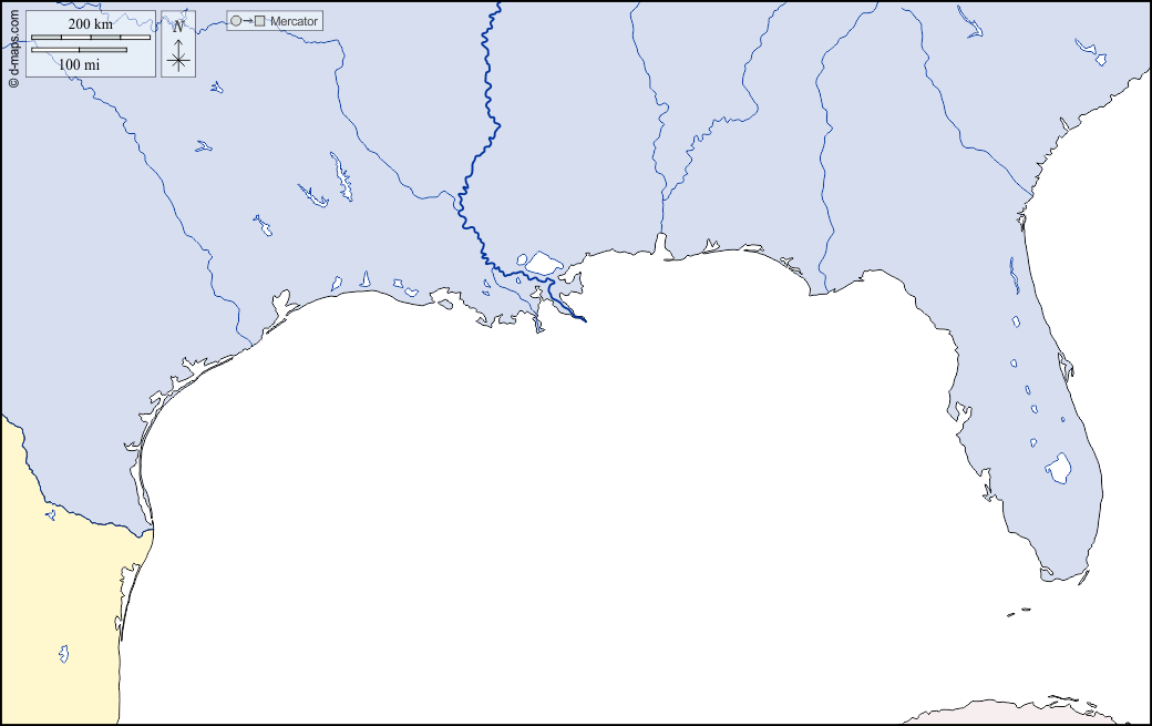 Golfo del Messico : d-maps.com: mappa gratuita, mappa muta gratuita, cartina muta gratuita : idrografia, stati, colore, bianco