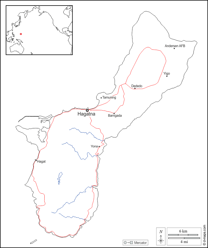 Guam : d-maps.com: free map, free blank map, free outline map, free base map : boundaries, hydrography, main cities, roads, names, white