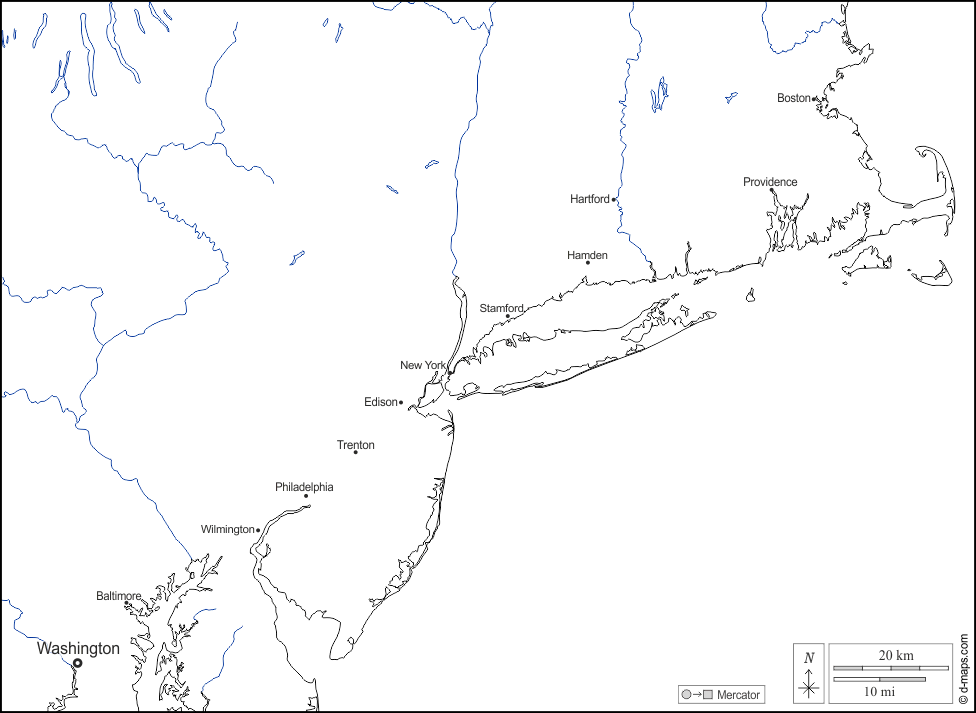 Megalopolis BosWash : d-maps.com: free map, free blank map, free outline map, free base map : coasts, hydrography, main cities, names, white