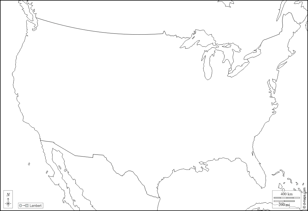 Estados Unidos (USA) : d-maps.com: mapa livre, mapa em branco livre, mapa livre do esboço, mapa básico livre
 : fronteiras, branco