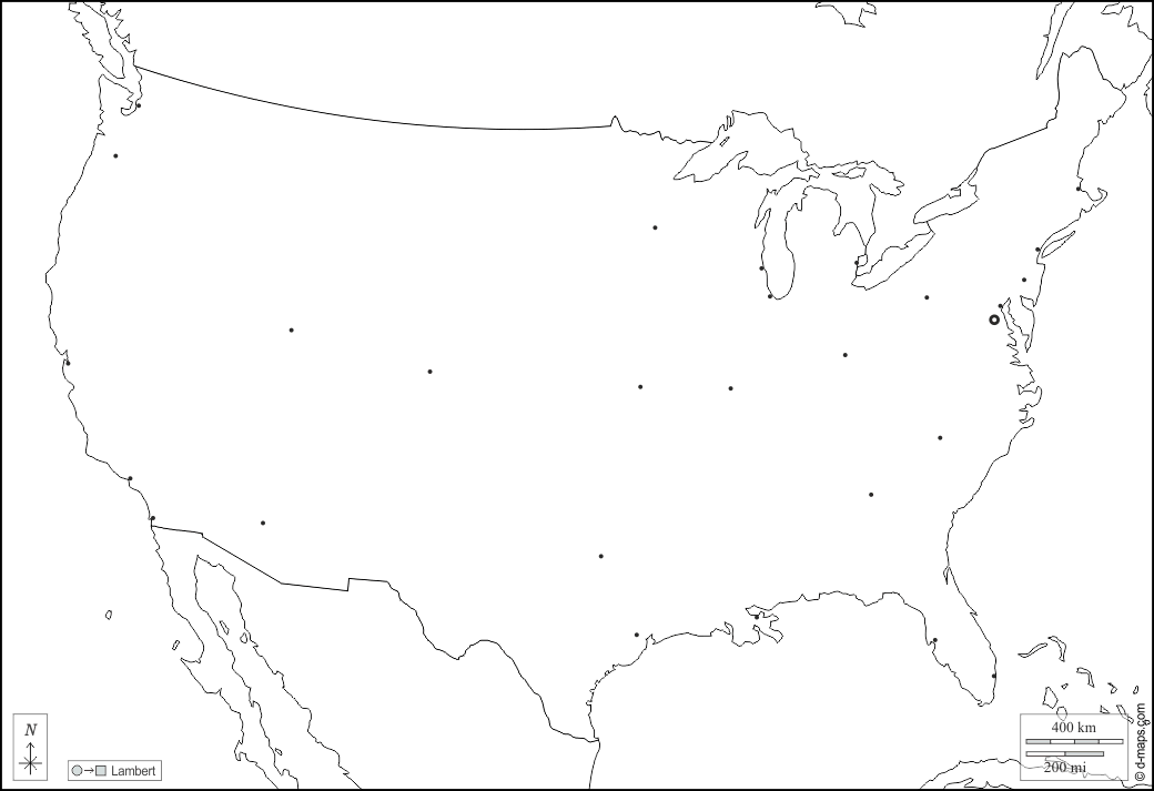 الولايات المتحدة : خريطة مجانية, خريطة خاليه من الفراغ, خريطة الخطوط العريضة, خريطة القاعدة الحرة
 : حدود, المدن الرئيسية, أبيض