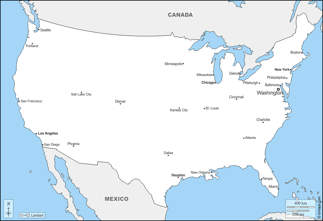 Vereinigte Staaten (USA) : d-maps.com: Kostenlose Karten, kostenlose stumme Karte, kostenlose unausgefüllt Landkarte, kostenlose hochauflösende Umrisskarte : Grenzen, Wichtige Städte, Namen