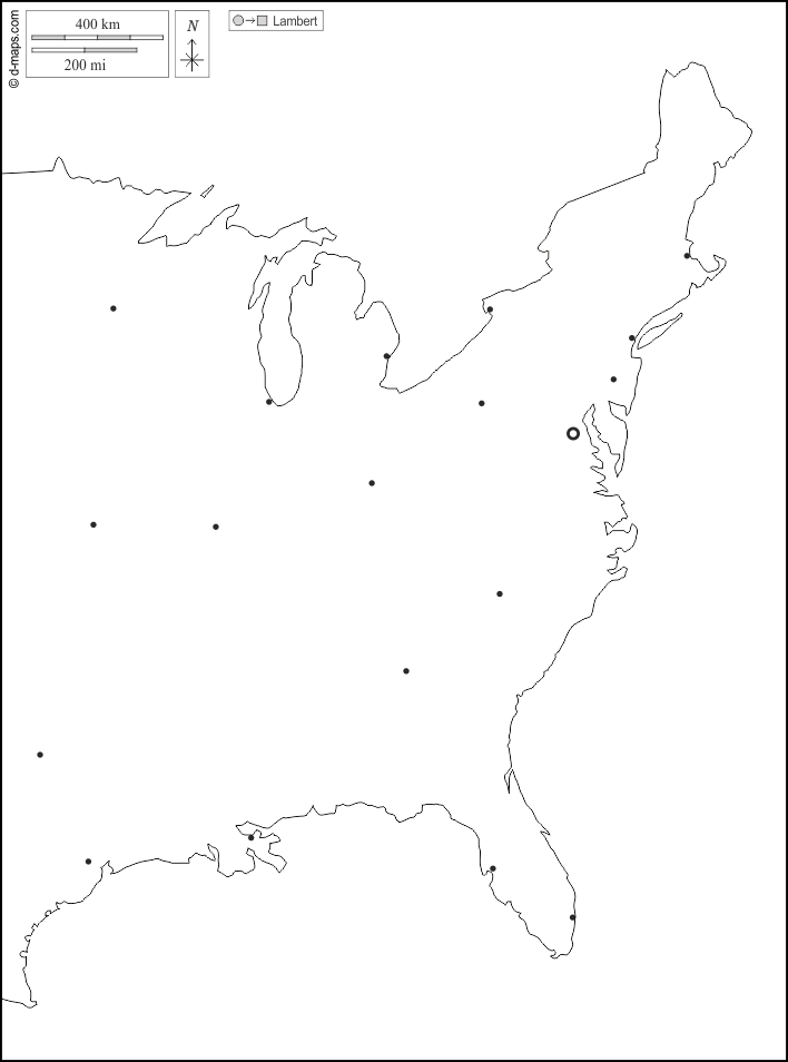 Восточное побережье Соединенных Штатов : d-maps.com: Бесплатная карта, бесплатная карта, свободная карта, Бесплатная базовая карта
 : контур, Главные города, Белый