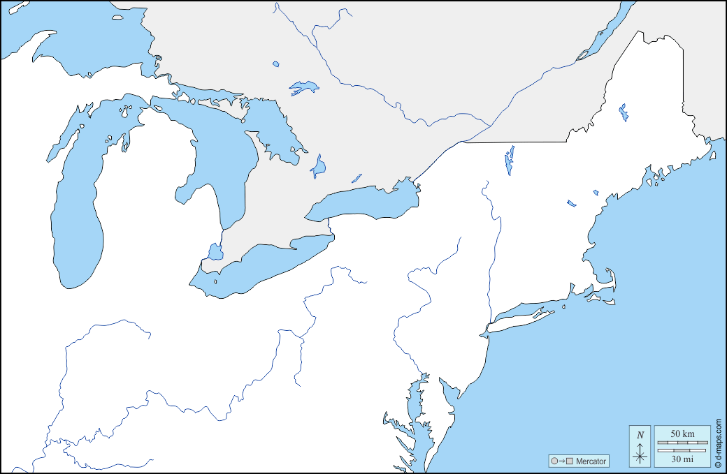 North East USA : d-maps.com: free map, free blank map, free outline map, free base map : boundaries, hydrography