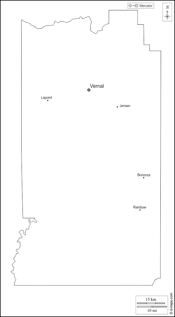Contea di Uintah : d-maps.com: mappa gratuita, mappa muta gratuita, cartina muta gratuita : contorni, principali città, nomi, bianco