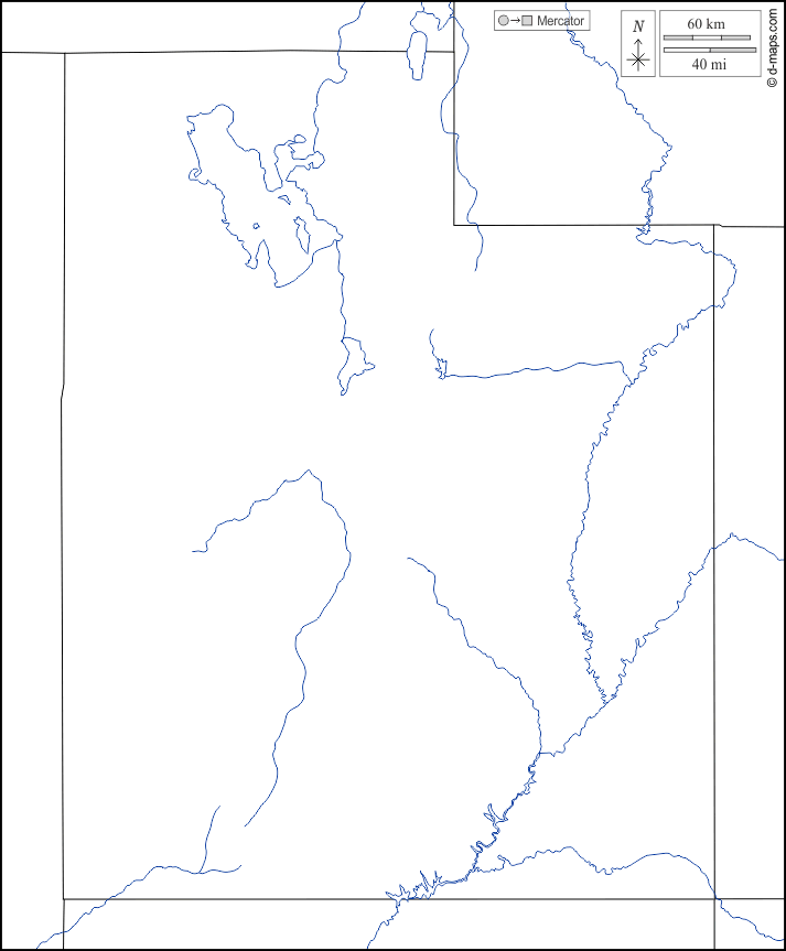 Utah : d-maps.com: Kostenlose Karten, kostenlose stumme Karte, kostenlose unausgefüllt Landkarte, kostenlose hochauflösende Umrisskarte : Grenzen, Hydrografie, weiß