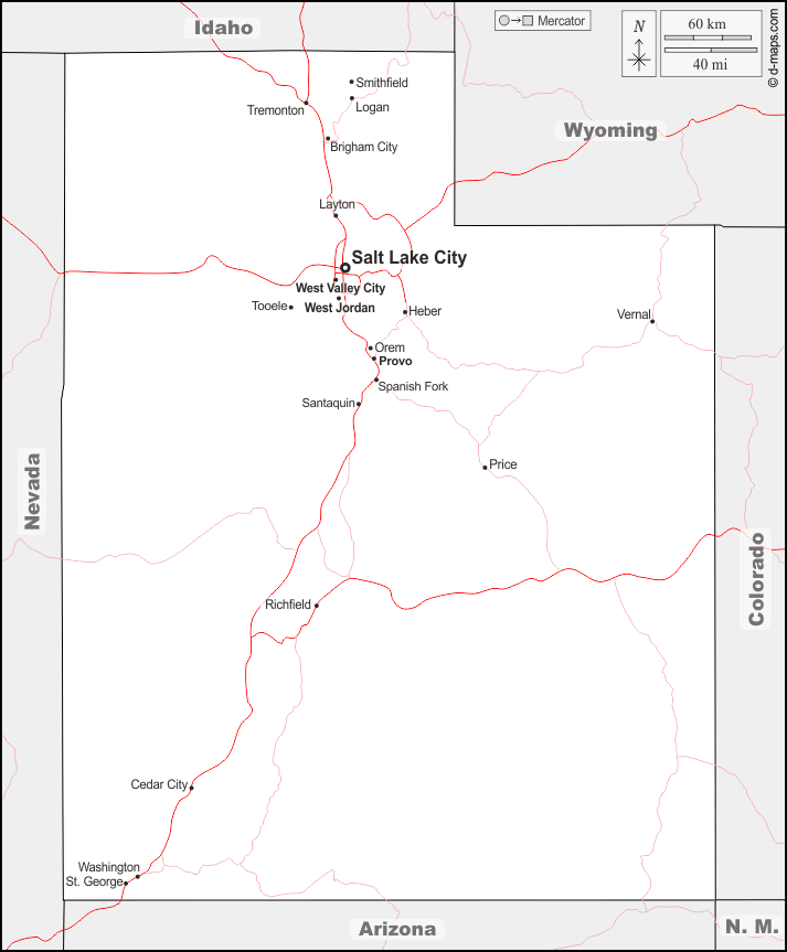 Utah : d-maps.com: mapa gratuito, mapa mudo gratuito, mapa en blanco gratuito, plantilla de mapa : fronteras, principales ciudades, carreteras, nombres