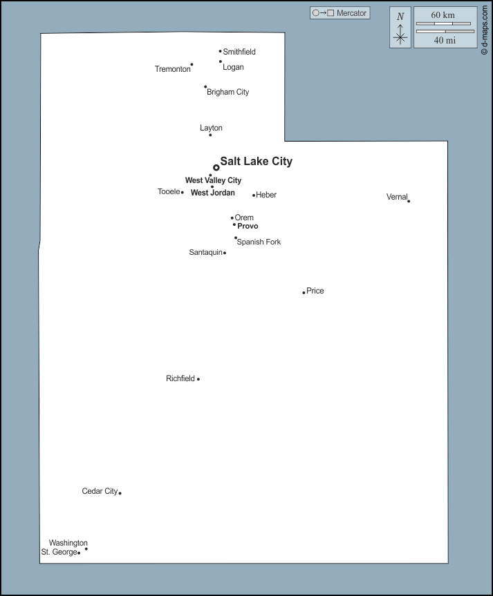 Utah : d-maps.com: mapa livre, mapa em branco livre, mapa livre do esboço, mapa básico livre
 : contornos, principais cidades, nomes