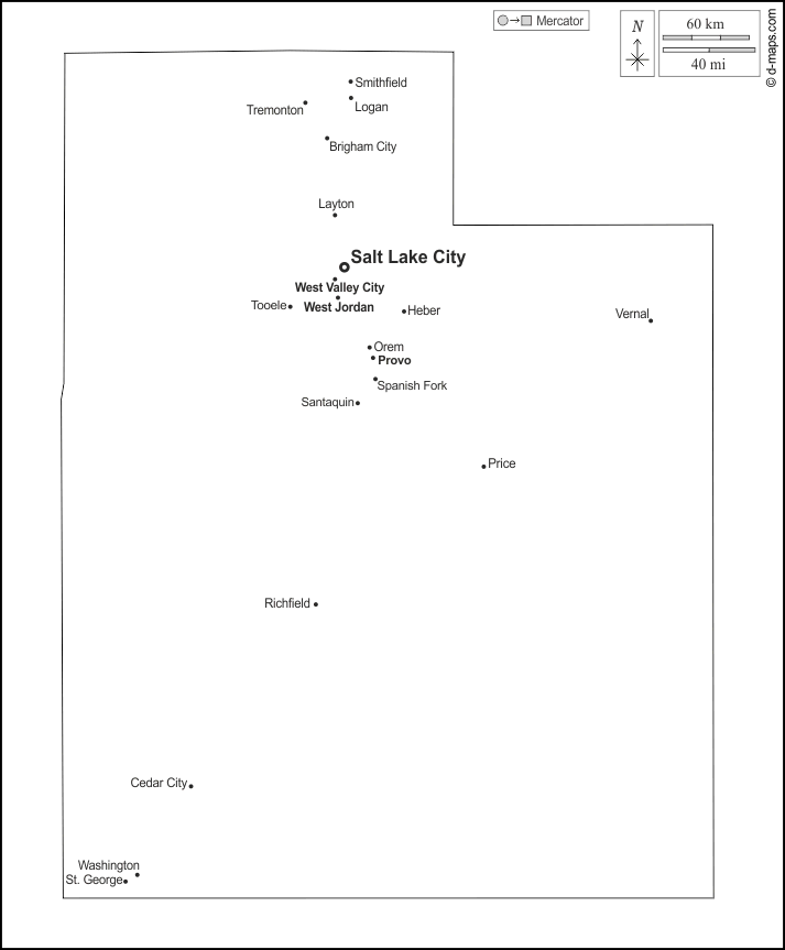Utah : d-maps.com: mapa gratuito, mapa mudo gratuito, mapa en blanco gratuito, plantilla de mapa : contornos, principales ciudades, nombres, blanco
