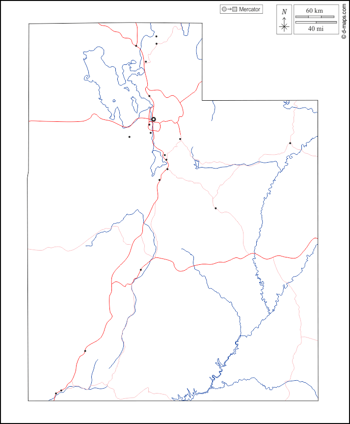 Utah : d-maps.com: Kostenlose Karten, kostenlose stumme Karte, kostenlose unausgefüllt Landkarte, kostenlose hochauflösende Umrisskarte : Umrisse, Hydrografie, Wichtige Städte, Straßen, weiß