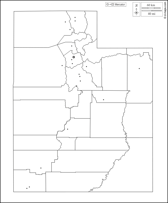 Utah : d-maps.com: carte géographique gratuite, carte géographique muette gratuite, carte vierge gratuite, fond de carte gratuit, formats graphiques courants : contours, comtés, principales villes, blanc