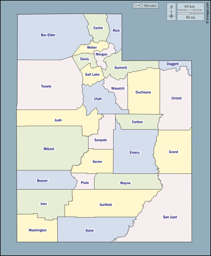 يوتا : خريطة مجانية, خريطة خاليه من الفراغ, خريطة الخطوط العريضة, خريطة القاعدة الحرة
 : الخطوط العريضة, المقاطعات, أسماء, اللون