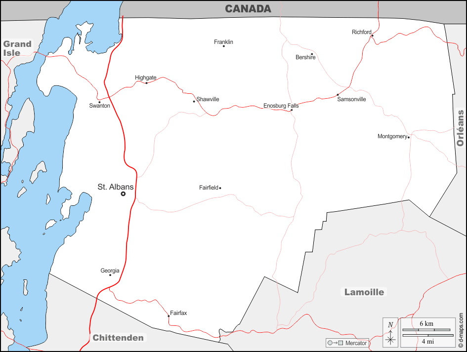 Comté de Franklin : d-maps.com: carte géographique gratuite, carte géographique muette gratuite, carte vierge gratuite, fond de carte gratuit, formats graphiques courants : frontières, principales villes, routes, noms