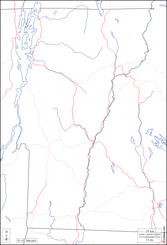 Vermont : d-maps.com: mapa gratuito, mapa mudo gratuito, mapa en blanco gratuito, plantilla de mapa : fronteras, hidrografía, carreteras, blanco