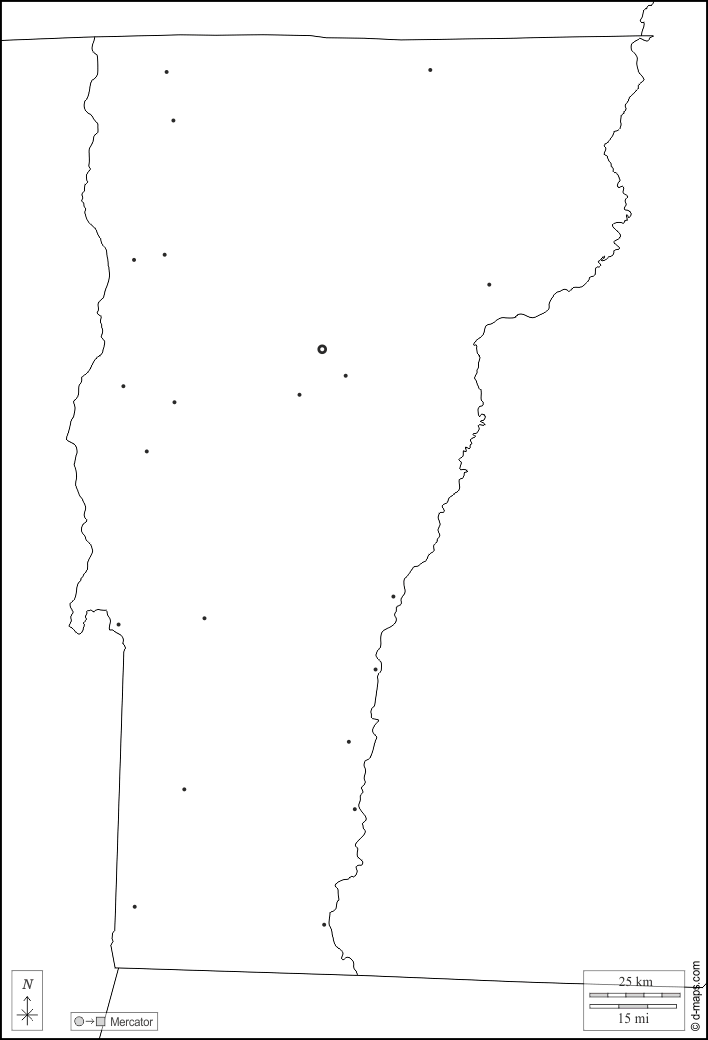 バーモント : d-maps.com: 無料地図, 無料の空の地図, 無料のアウトラインマップ, 無料のベースマップ
 : 境界, 主要都市, 白い