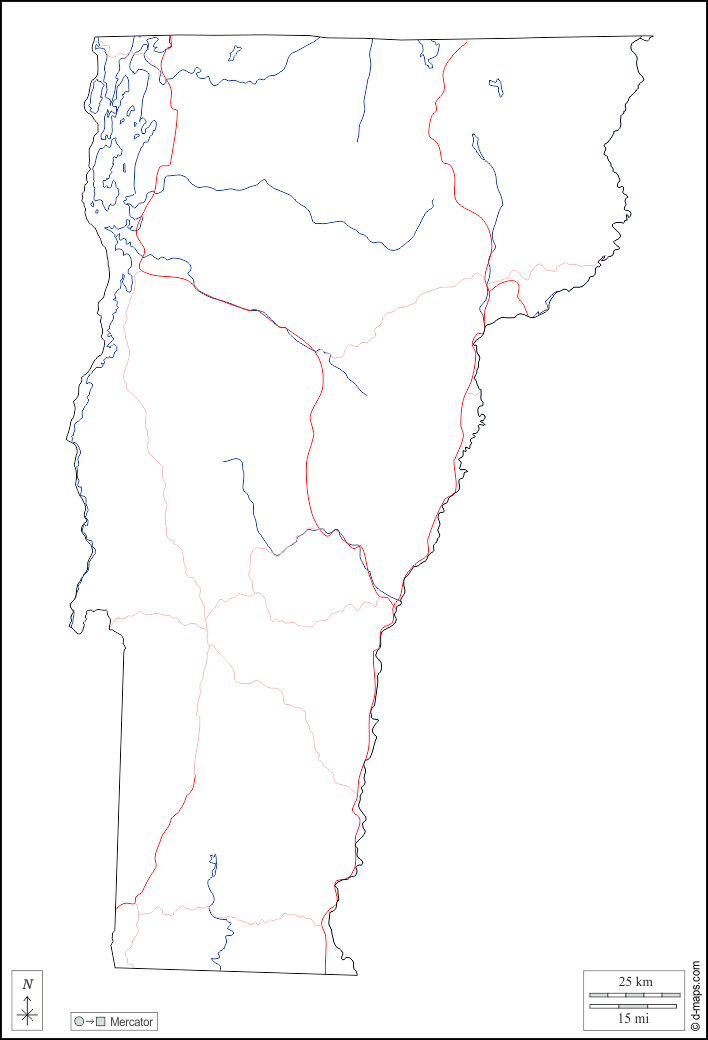 Vermont : d-maps.com: free map, free blank map, free outline map, free base map : outline, hydrography, roads, white