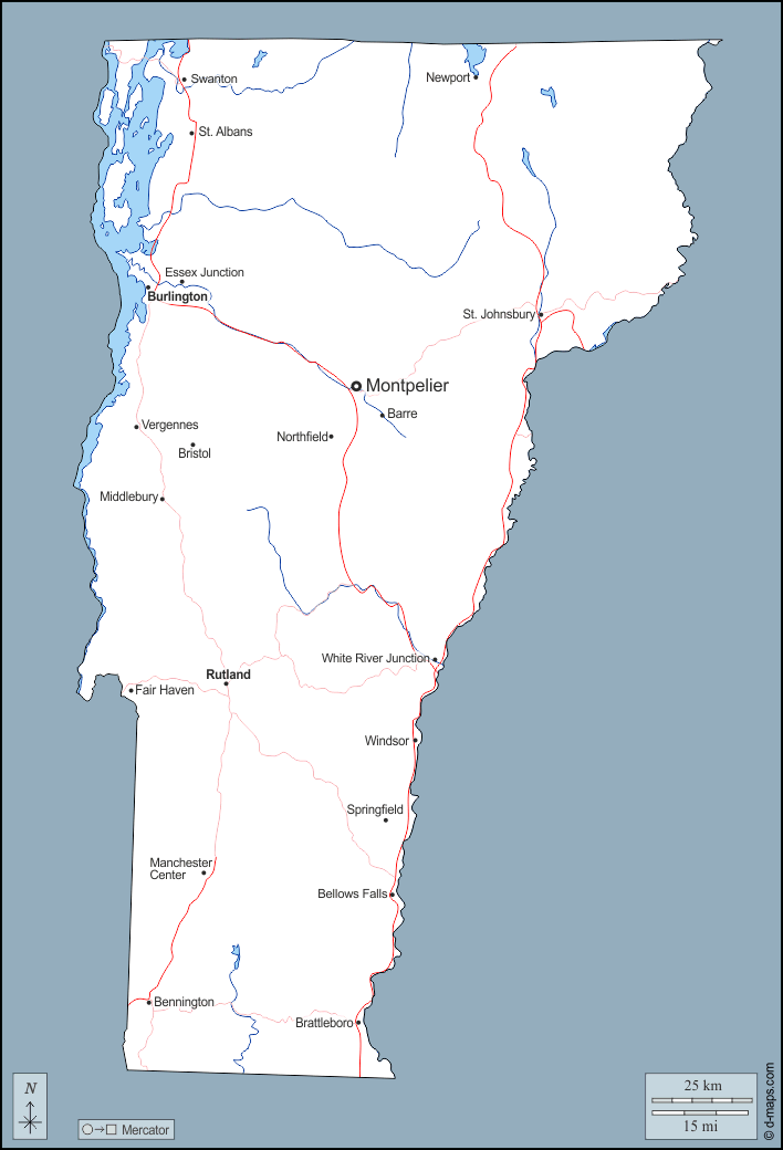 佛蒙特州 : d-maps.com: 免费地图, 免费的空白地图, 免费的轮廓地图, 免费基地地图 : 大纲, 水文学, 主要城市, 道路, 名称