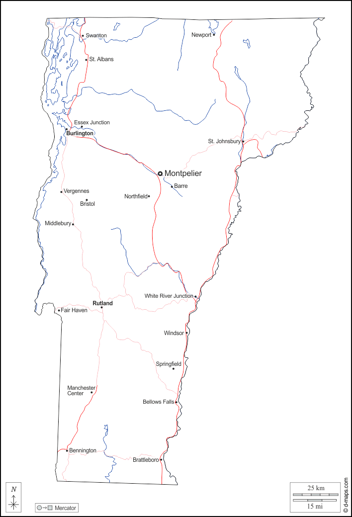 Вермонт : d-maps.com: Бесплатная карта, бесплатная карта, свободная карта, Бесплатная базовая карта
 : контур, гидрографии, Главные города, дорог, имена, Белый