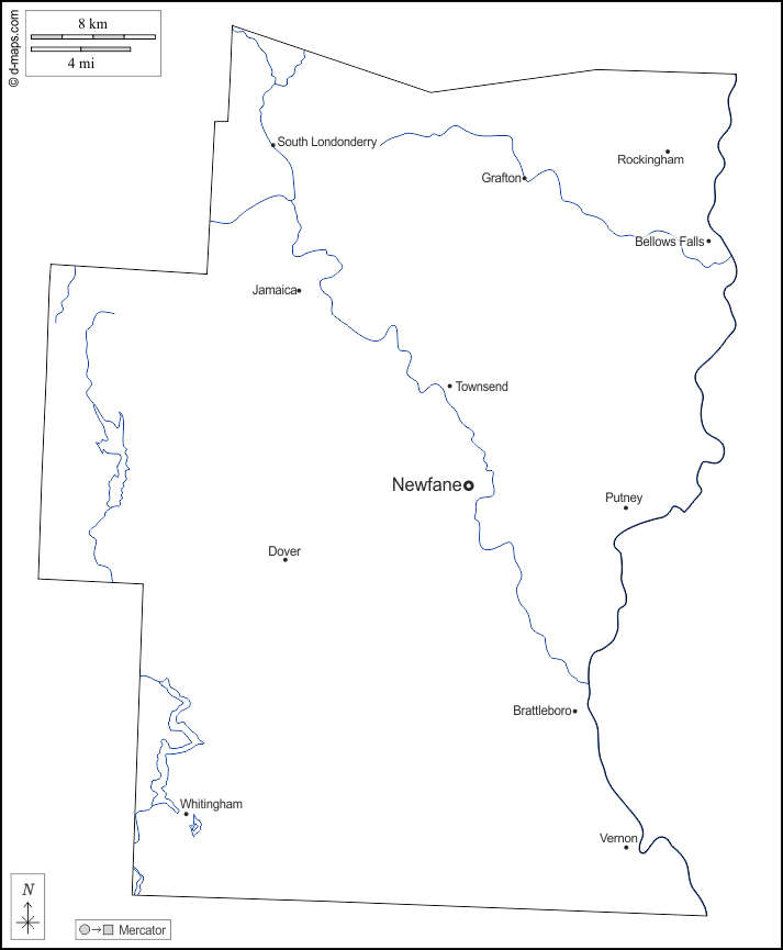 Округ Уиндхэм : d-maps.com: Бесплатная карта, бесплатная карта, свободная карта, Бесплатная базовая карта
 : контур, гидрографии, Главные города, имена, Белый