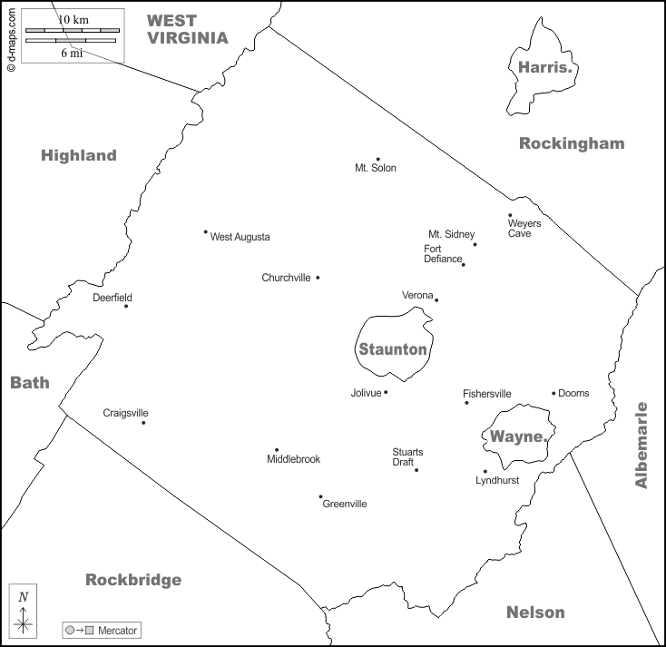 Contea di Augusta : d-maps.com: mappa gratuita, mappa muta gratuita, cartina muta gratuita : frontiere, principali città, nomi, bianco
