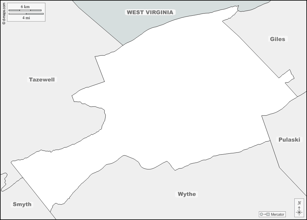 Contea di Bland : d-maps.com: mappa gratuita, mappa muta gratuita, cartina muta gratuita : frontiere, nomi