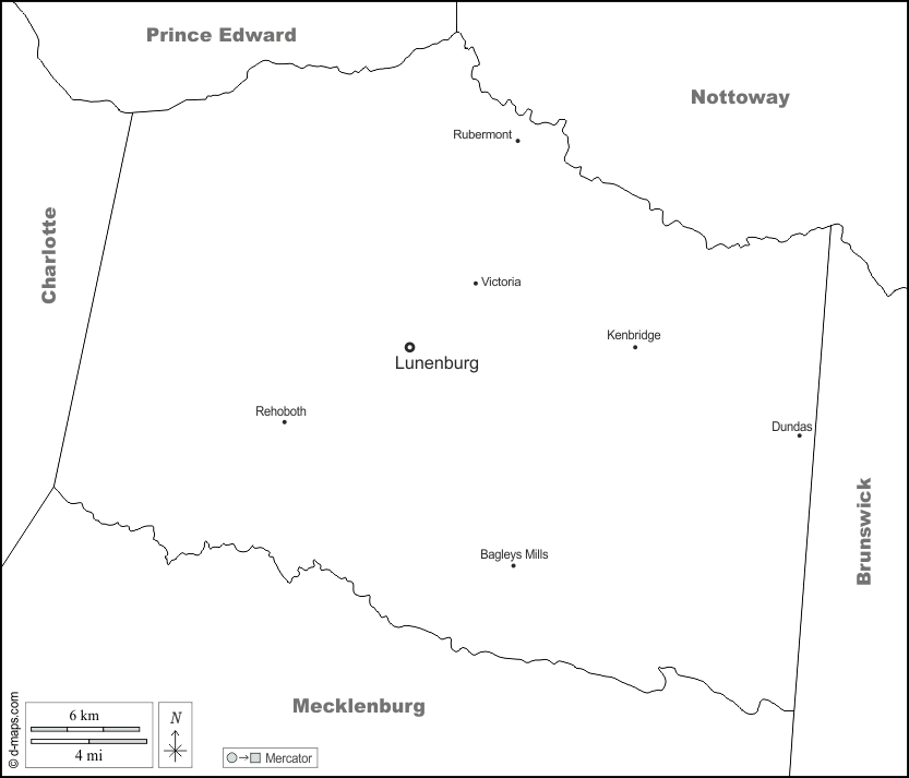 Contea di Lunenburg : d-maps.com: mappa gratuita, mappa muta gratuita, cartina muta gratuita : frontiere, principali città, nomi, bianco