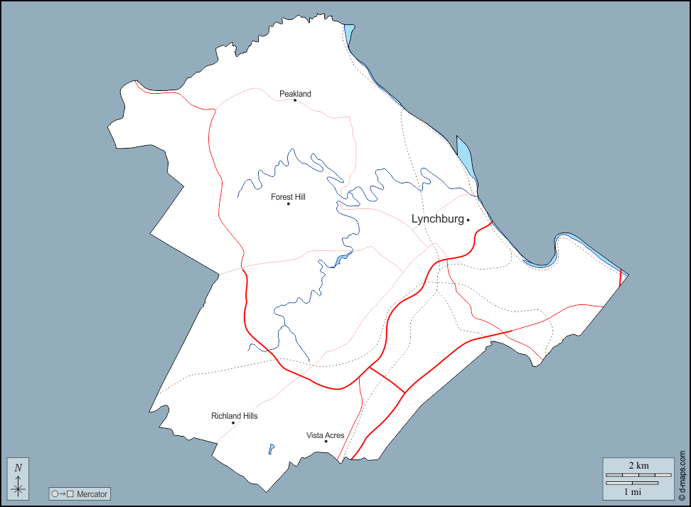 Lynchburg : d-maps.com: mappa gratuita, mappa muta gratuita, cartina muta gratuita : contorni, idrografia, principali città, strade, nomi