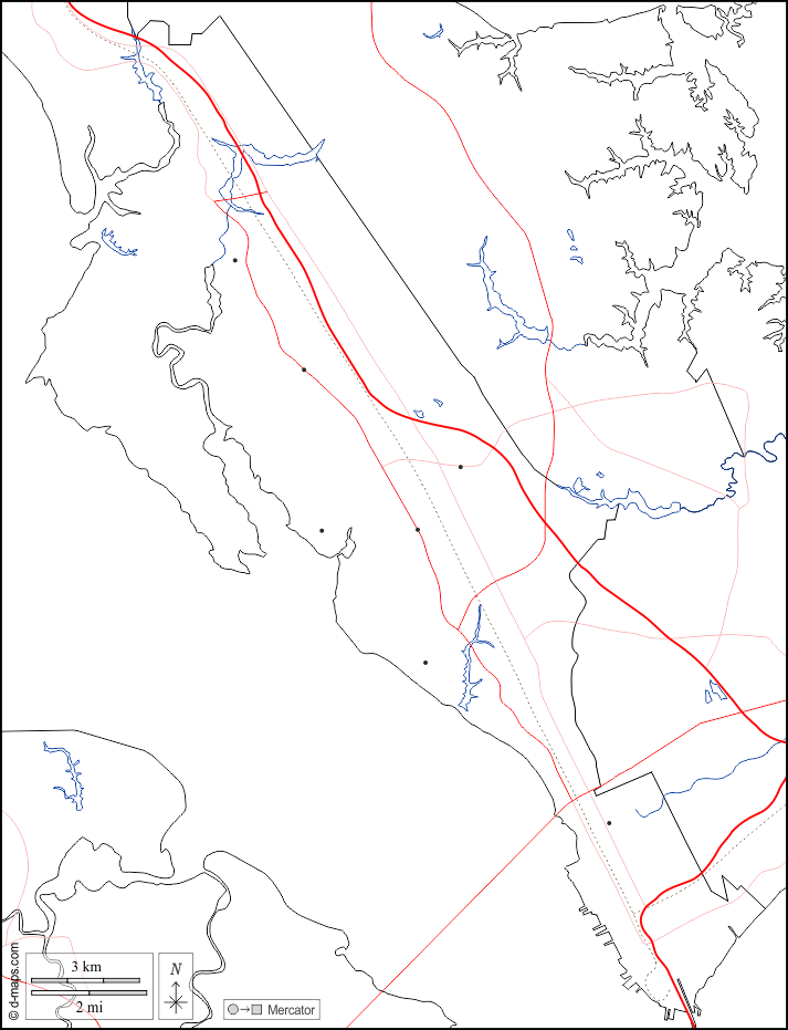 ニューポートニュース : d-maps.com: 無料地図, 無料の空の地図, 無料のアウトラインマップ, 無料のベースマップ
 : 境界, 川と湖, 近隣, 道路, 白い