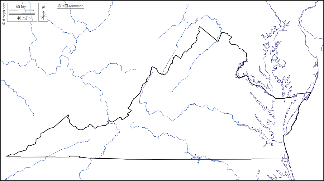 Virginia : d-maps.com: mappa gratuita, mappa muta gratuita, cartina muta gratuita : litorali, limiti, idrografia, bianco