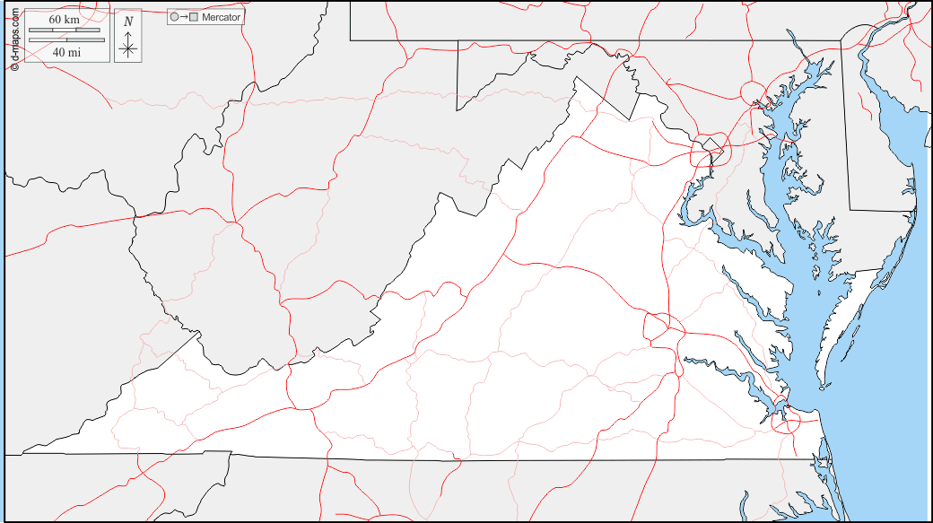 Virginia : d-maps.com: mappa gratuita, mappa muta gratuita, cartina muta gratuita : frontiere, strade
