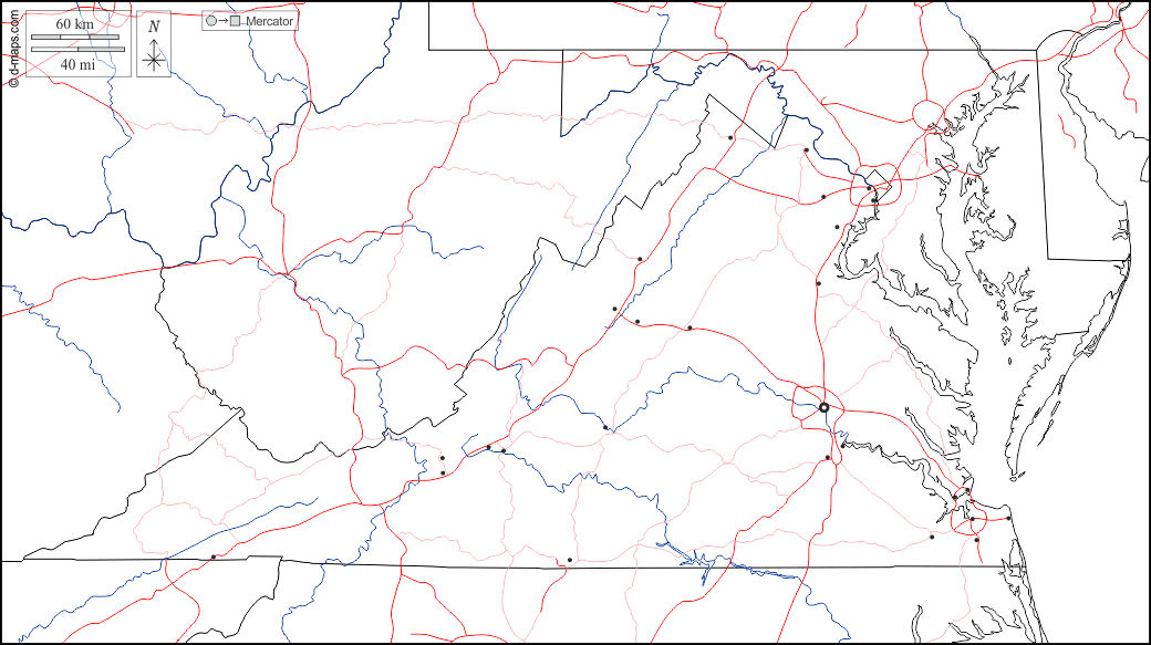 Virginia : d-maps.com: mappa gratuita, mappa muta gratuita, cartina muta gratuita : frontiere, idrografia, principali città, strade, bianco