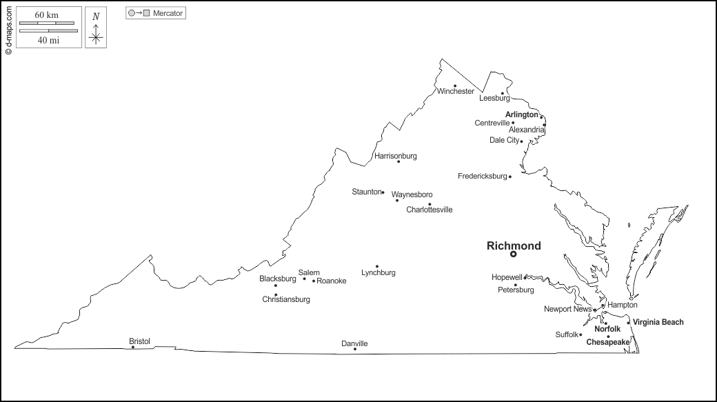 Virginia : d-maps.com: Kostenlose Karten, kostenlose stumme Karte, kostenlose unausgefüllt Landkarte, kostenlose hochauflösende Umrisskarte : Umrisse, Wichtige Städte, Namen, weiß