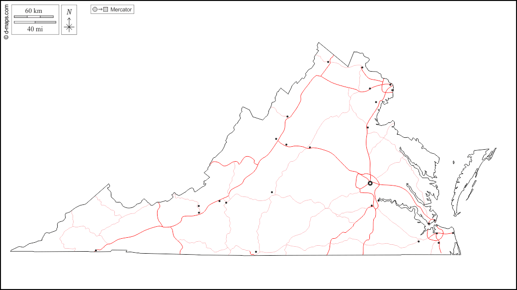 Virginia : d-maps.com: mappa gratuita, mappa muta gratuita, cartina muta gratuita : contorni, principali città, strade, bianco